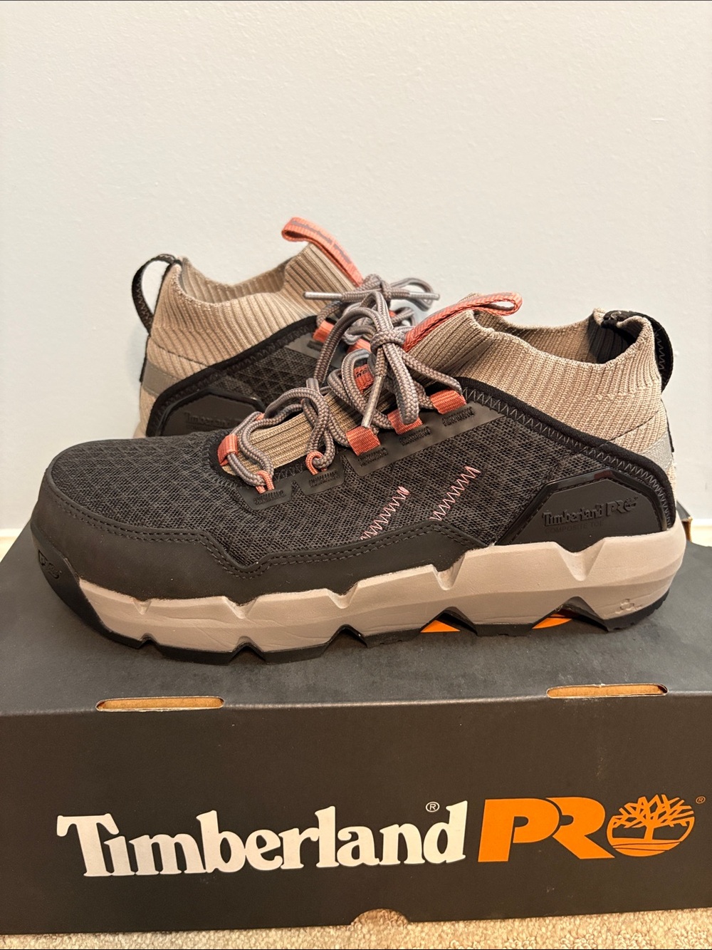 Timberland PRO Black and Tan Work Sneakers with Orange Accents